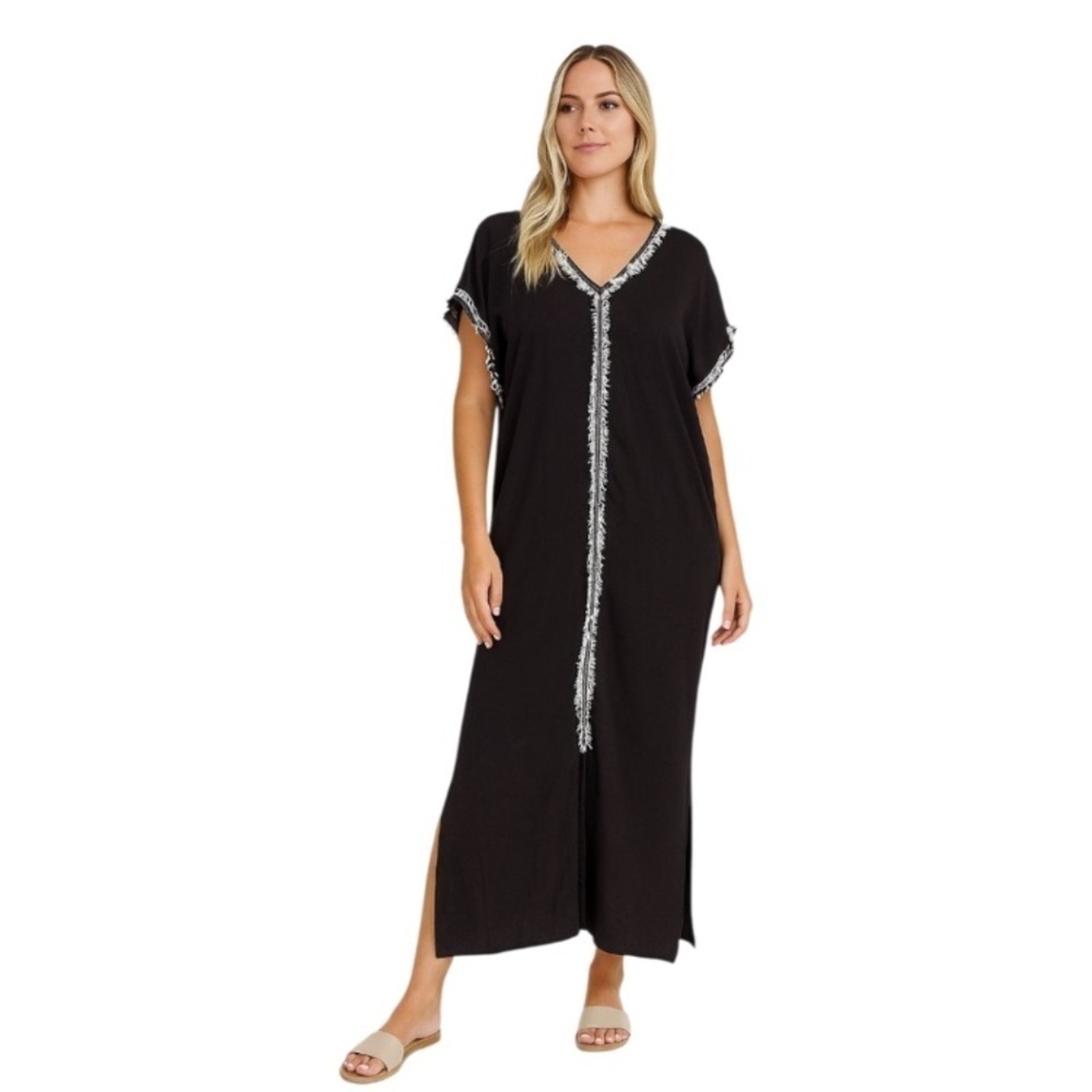 Michael stars one size Black Kaftan with Embroidered fringe Trim cotton gold